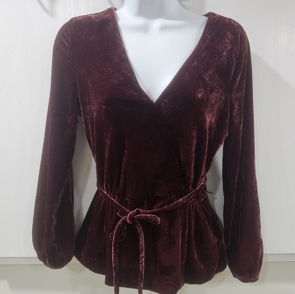 J Crew Womens Top Crushed Velvet Red Faux Wrap Dark Romance Renaissance Vamp